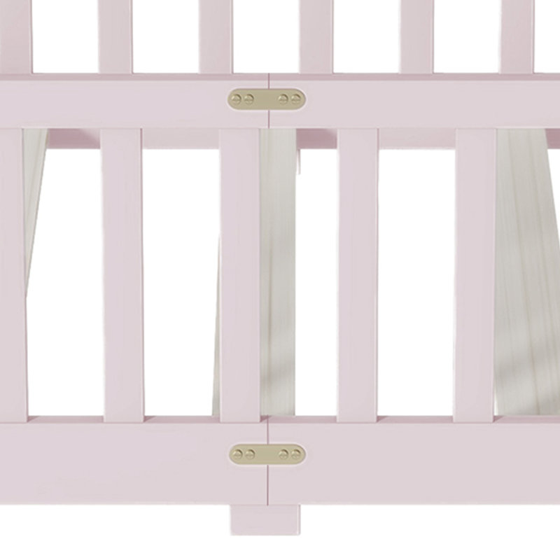 Kids Twin Soild Wood Platform Floor Bed With Safety Guardrails For Bedrooms, Pink