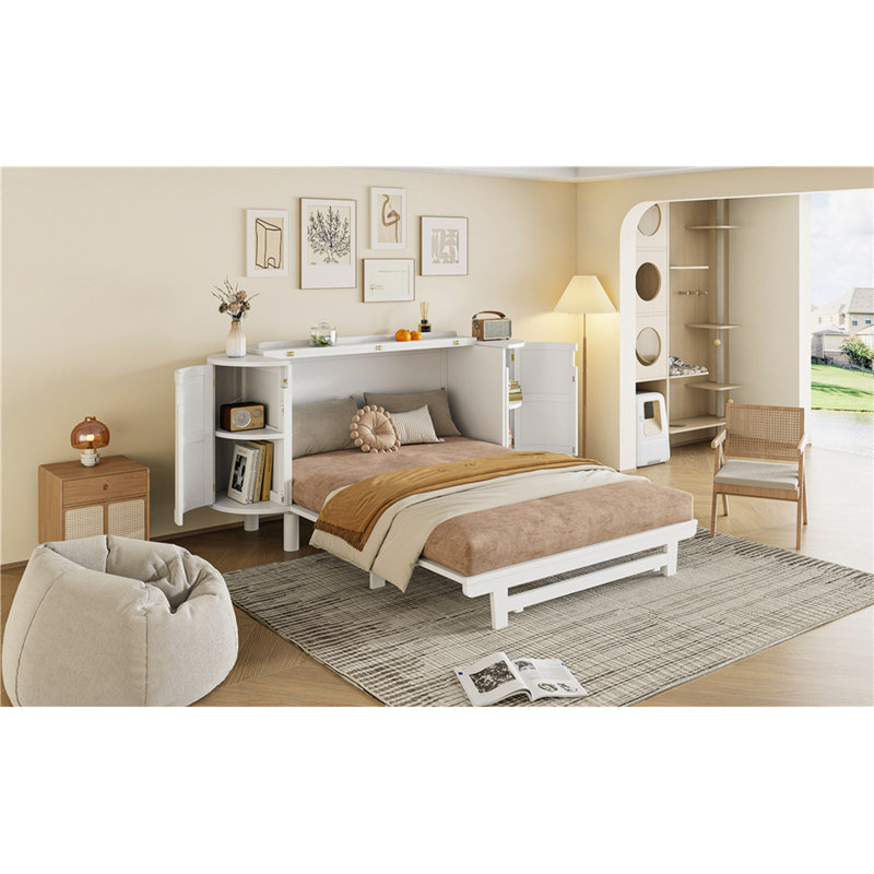 Lit escamotable avec rangement caché et conception tissée moderne, Lit double, White
