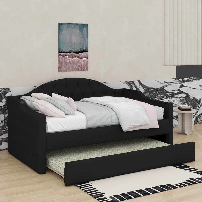 Lit de jour simple capitonné et rembourré avec couchette, canapé-lit en velours avec ports USB et ports de charge de type C