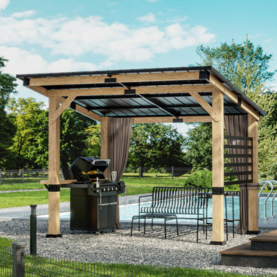 Joyside Outdoor Solid Wood Patio Gazebo,Hardtop Gazebo with Privacy Curtains,Snow Support, Wind Resistance, Shade for Garden, Patio, Deck, Entertaining
