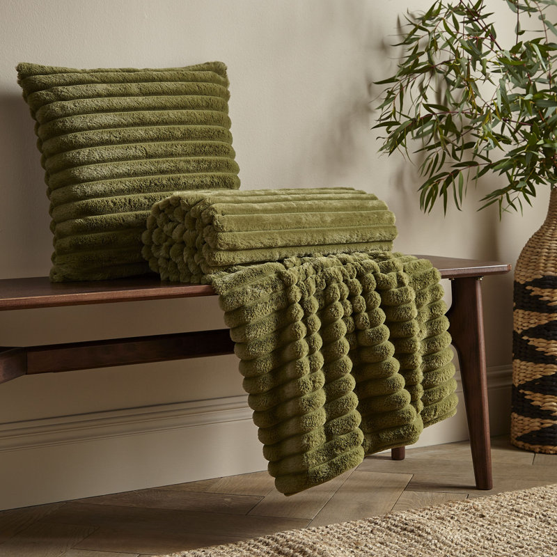 Cosy Ribbed Faux Fur Blanket Throw, Olive Green
