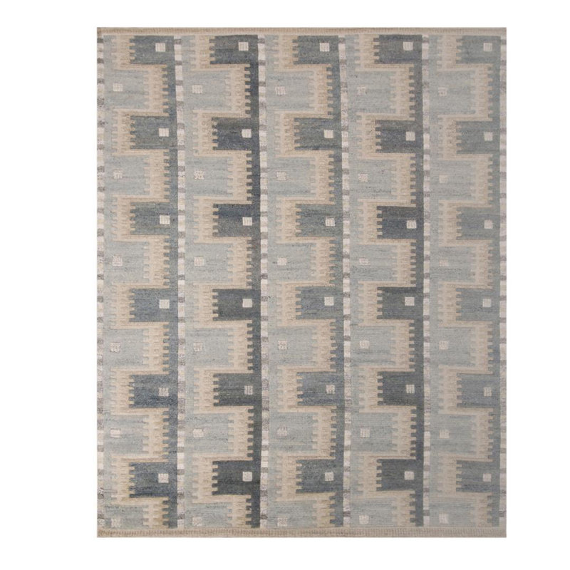Rug & Kilim’S Scandinavian-Inspired Geometric Blue And Beige Wool Pile Rug, Rectangle 9' x 12'