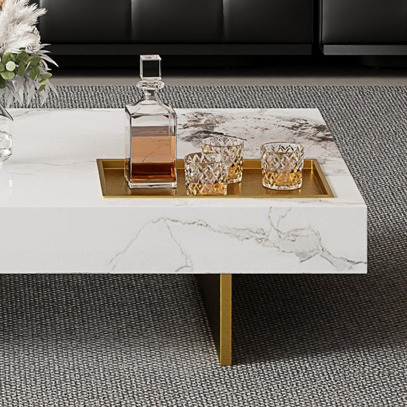 51" Modern Rectangular Coffee Table, Glossy Faux Marble Table top, Stainless Steel Legs, White Top/Gold Base