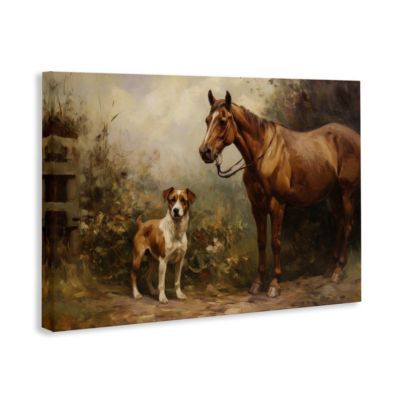 Cheval et chien dans la nature, art mural par Petal Prints Design, H 24 po x l 36 po