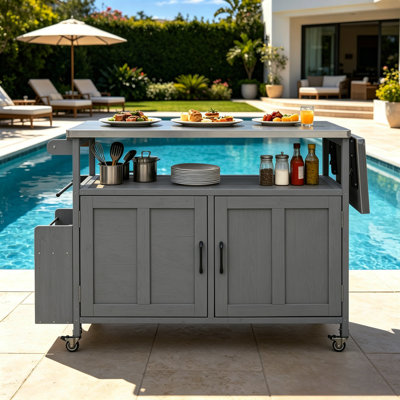 Patio Outdoor Kitchen Island With Drop Leaf, Outdoor Kitchen Cart With Lockable Wheels, Storage Cabinet And Towel Rack