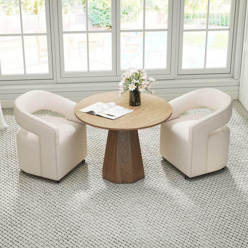 Table de salle à manger moderne en bois et chaise rembourrée avec roulettes, 3 pièces: table, 2 chaises, Brun, Beige