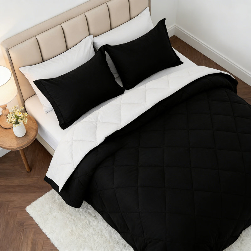7 Piece King Reversible Comforter Set Black White, Black/White Abstract