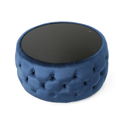 Modern Velvet With Button Tufting, Dark Blue Shade, Tempered Glass, 30.58" W X D 14.34" H Button- In Blue, Upholstery Design, 30" 14.5