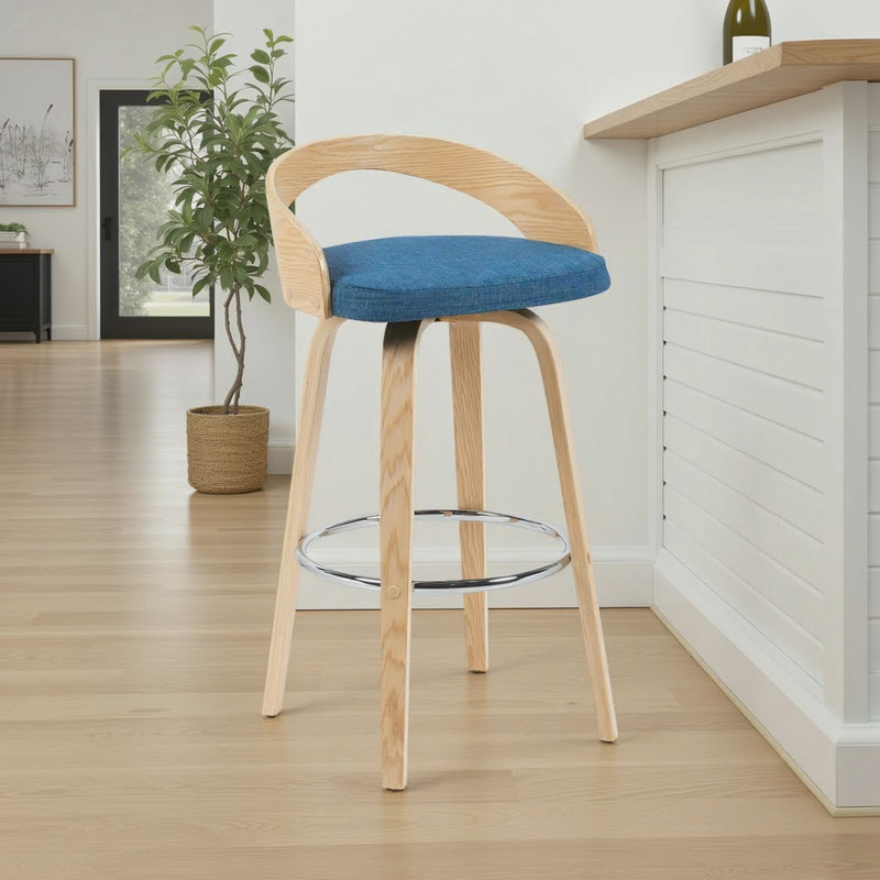 Tabouret de bar ou de comptoir pivotant moderne Maxime avec siège rembourré et dossier en bois courbé, Bleu, 1