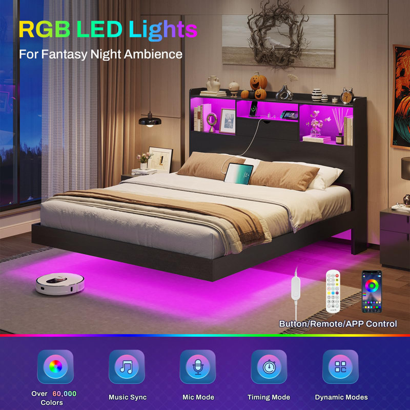 Queen Floating Bed Frame With Led Lights And Headboard Storage, Visual Floating Bed With Charging Station, Structurally Stable Queen Metal Platform Bed, Easy To Assemble
