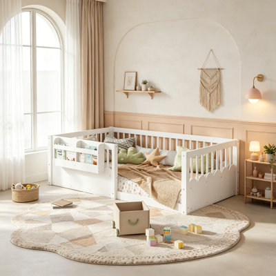 Montessori Floor Bed with Guardrails, Solid Wood Kids Daybed with Storage Rack for Boys Girls, White, Twin Size