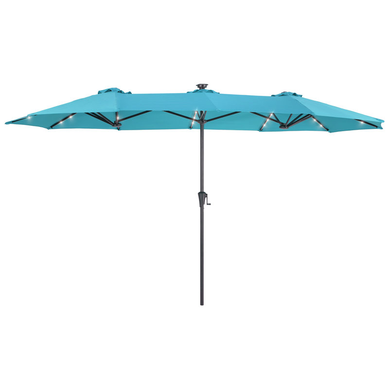 Parasol à DEL double face 13 x 7,2 pi avec auvent résistant aux rayons UV et manivelle pour jardin, Bleu lac