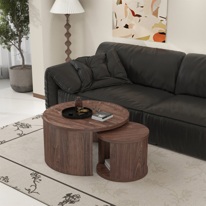 Ensemble de 2 tables basses rondes gigognes de couleur bois, grandes tables basses de 31,5 po et petites tables basses de 18 po avec plateau en bois, ensemble de table de salon, de chambre à coucher et de centre minimaliste