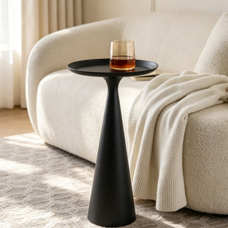 Table à boissons ronde en acier de 24 po de hauteur avec base fuselée, table d'appoint minimaliste moderne pour le salon et la chambre à coucher - Finition noire