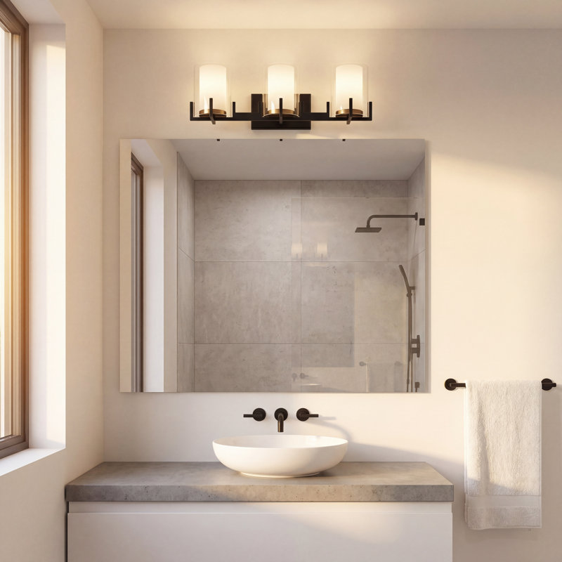 Éclairage pour salle de bain 3 lumières Savon House Eaton en noir mat avec accents laiton chaud, H 7,5 po x l 24 po x P 24 po