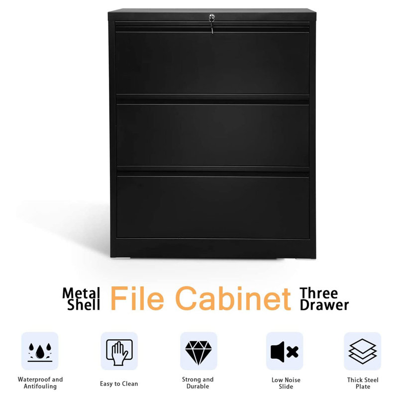 Black Steel 3-Drawer Lockable Lateral Filing Cabinet