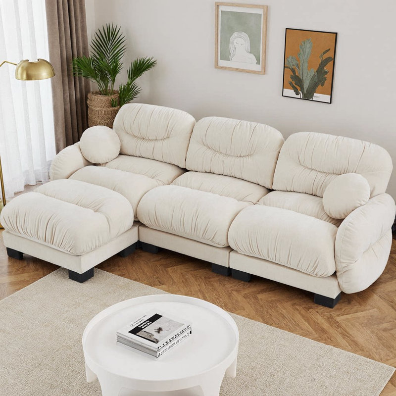 Canapé modulaire 3 places en tissu de chenille plissée, canapé modulaire en L avec repose-pieds, siège en mousse nuage haute densité, accoudoirs arrondis arrondis et 2 coussins décoratifs ronds