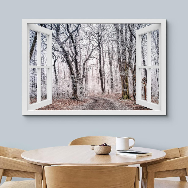Window Scenery " Window View Rustic Winter Snow Forest Tree Path Nature Pictures Scenic Landscape ", 32" H x 48" W