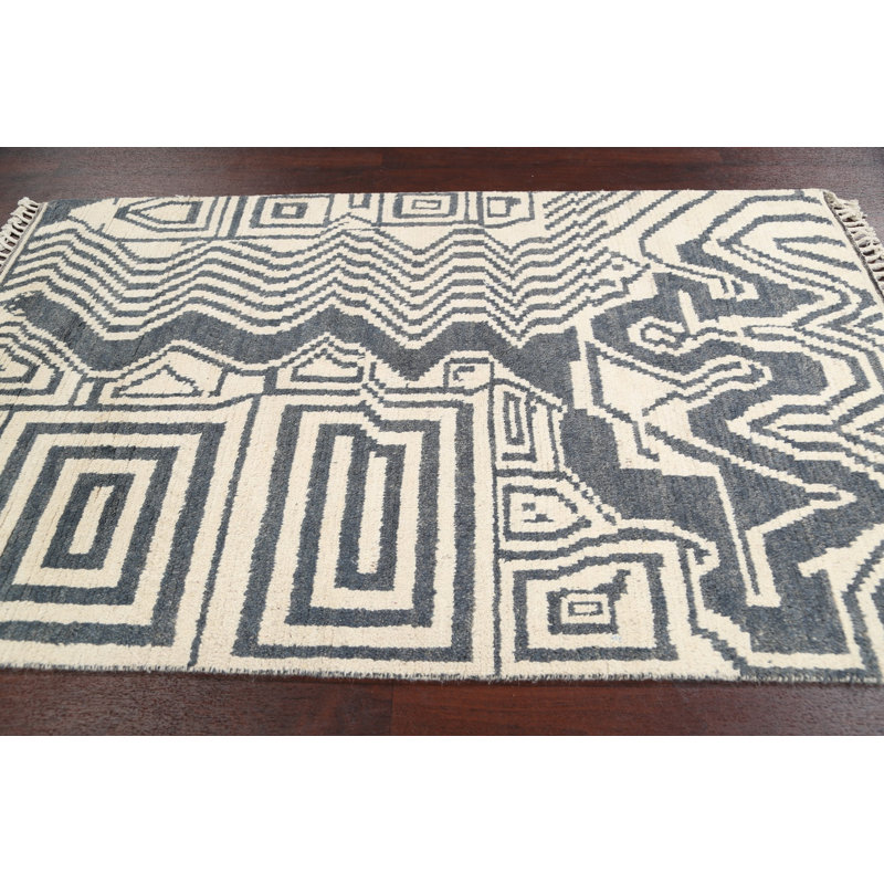 Tapis ivoire en laine noué à la main de conception unique 4 pi 4 po x 7 pi New Age