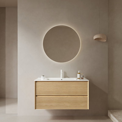 Meuble-lavabo mural de 30 po avec lavabo, meuble-lavabo mural moderne en contreplaqué flottant avec 2 tiroirs, lavabo en céramique blanc avec couvercle et drain, pré-assemblé, chêne Corolla