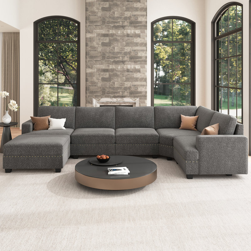 Canapé modulaire en U avec repose-pieds Anureet, Polyester gris clair, Oui