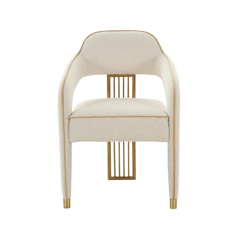 Cream Linen Upholstered Arm Chair with Gold Metal Accents