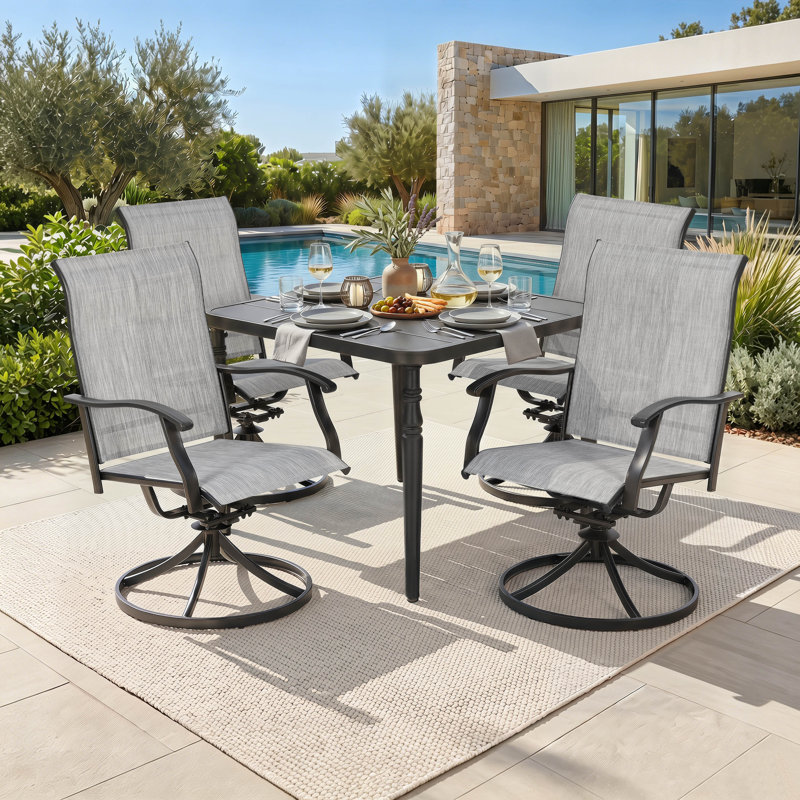Ensemble repas 5 pièces avec trou pour parasol et chaises pivotantes en textilène, Square, 5 Pieces: Table, 4 Chairs
