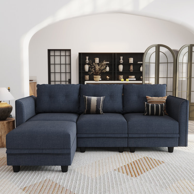 Tomario 4- Piece Upholstered L-Shaped Modular Sectional With Storage, Blue Polyester