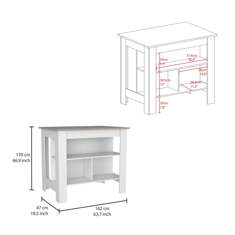 Îlot de cuisine moderne antibactérien, trois tablettes, quatre pieds - gris clair / blanc