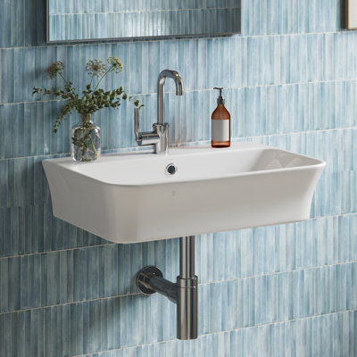 White Ceramic Rectangle Wall Mount or Vessel Bathroom Sink with Single Faucet Hole, Overflow & Pop-Up Drain Included
