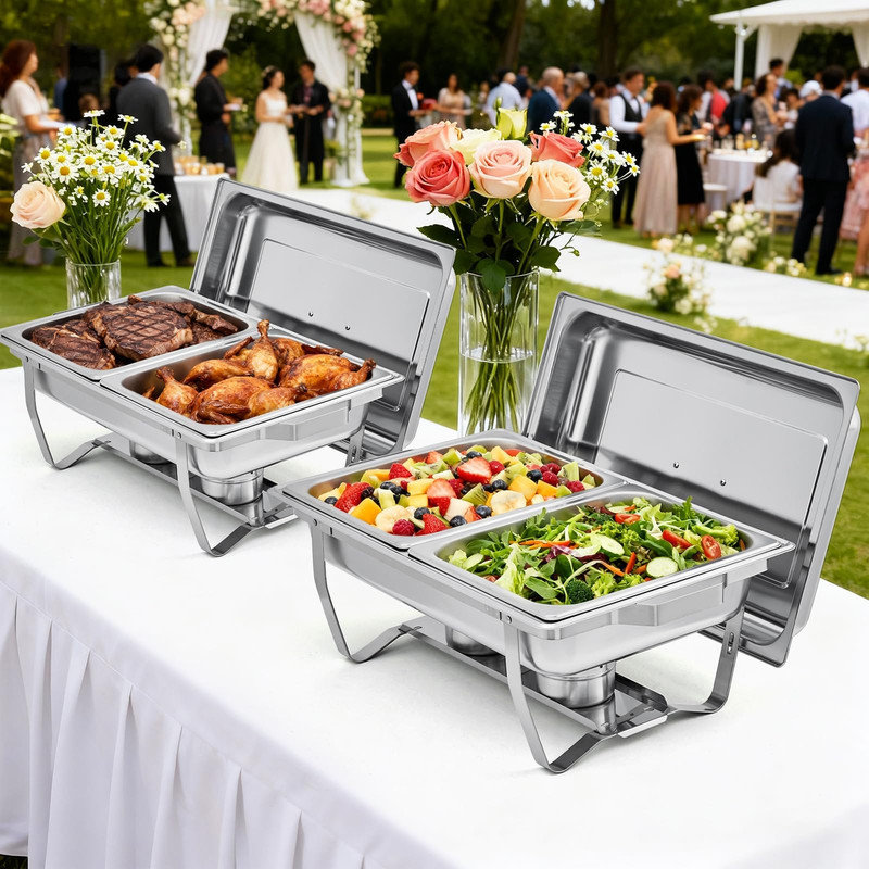 Chauffe-plats empilables à double compartiment - 6 plateaux de buffet en acier inoxydable pour la restauration, les fêtes et les événements