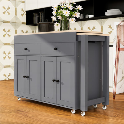 Extendable Kitchen Island Cart with Dining Table, Storage Cabinet, Spice Rack and Lockable Wheels