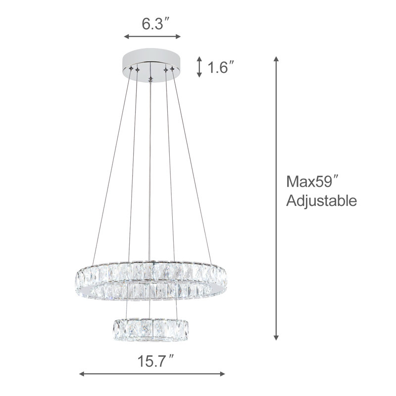 Lustres 33W à DEL intégrés, plafonniers en cristal en acier inoxydable, anneaux suspendus