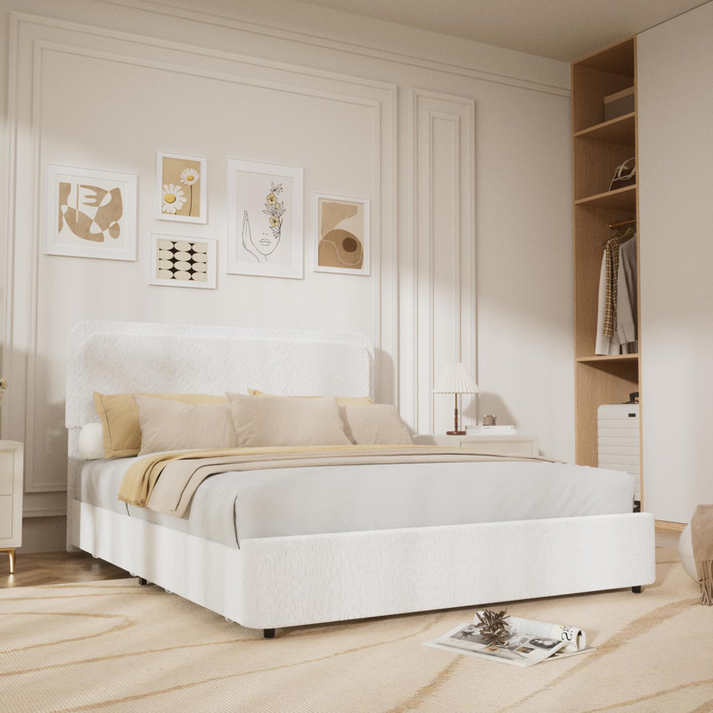 Bed Frame, Boucle Upholstered Bed Frame With Headboard, 2 Storage Drawers, Full