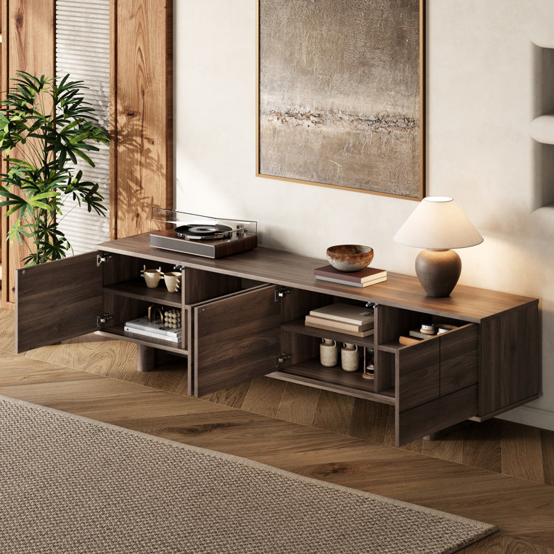 Meuble télé moderne avec pieds en bois massif, gestion des câbles, ouvre-boutons, charnières à fermeture douce et tablettes réglables pour le salon