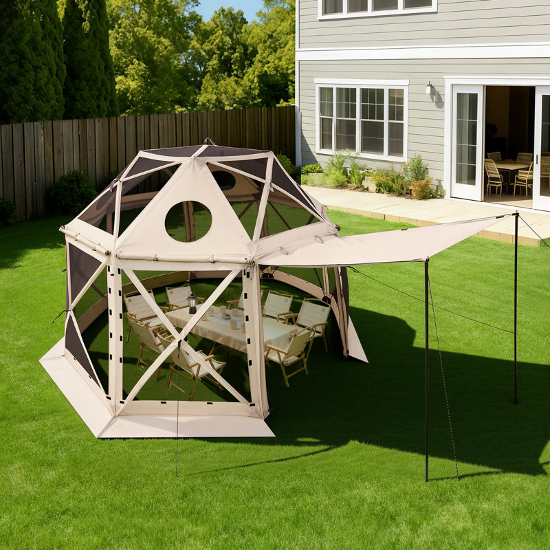 Tente escamotable Pop Up Gazebo, 12 x 12 pi, auvent de camping sphérique à 13 côtés avec toit amovible et sac de transport, à fixation rapide et à l'épreuve des piqûres, abri de soleil pour 8 à 10 personnes, beige