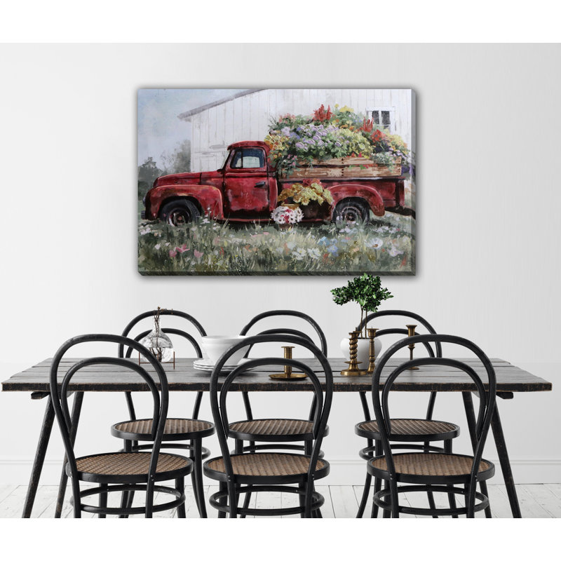 «Red Truck With Blooms», art mural sur toile