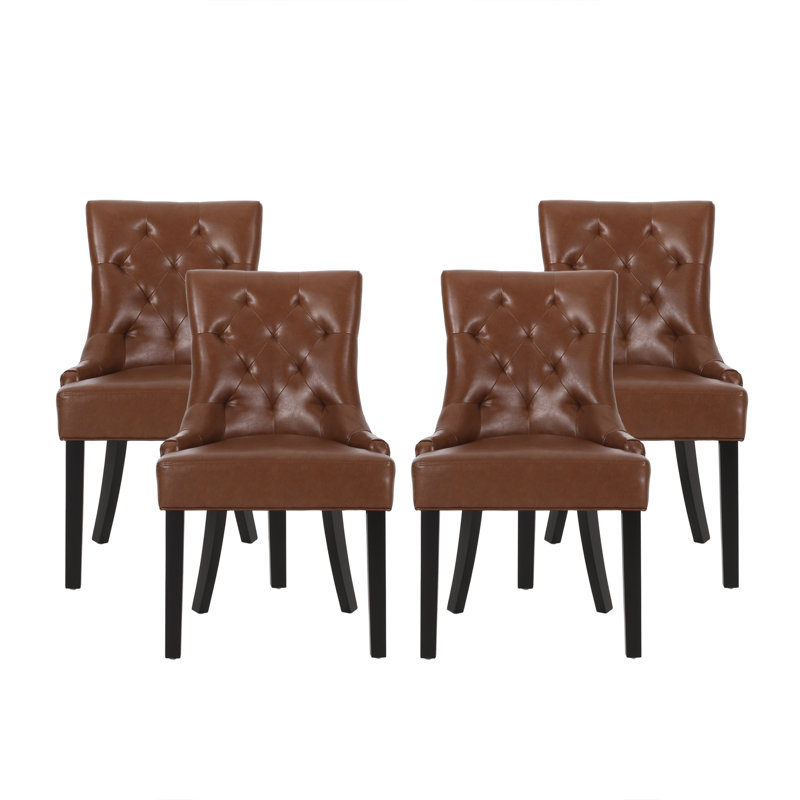 Modern Upholstered Tufted Accent Side Dining Chairs with Diamond-Stitched Backrest and Tapered Wood Legs, 4, Cognac PU