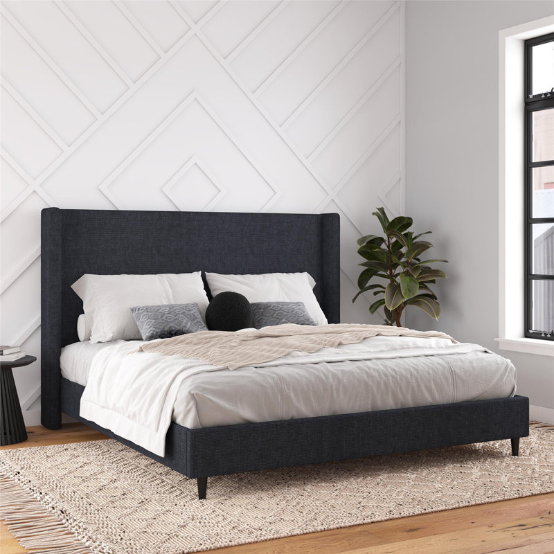 Ana King Upholstered Wingback Bed, Textured Dark Blue Canvas