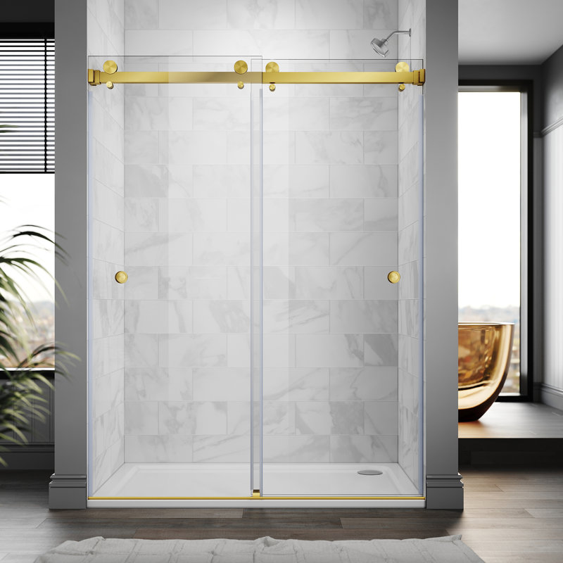 Royal 61 to 65 in. x 76 in. H Frameless  Double Sliding Shower Door with Two Finger Pulls in Satin Brass and 3/8 in. (10mm) Clear Glass