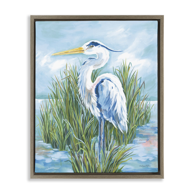 Cadre flottant Coastal Heron Bird, design par Diane Kater, H 21 po x l 17 po, Cadre flottant orme Montalcino