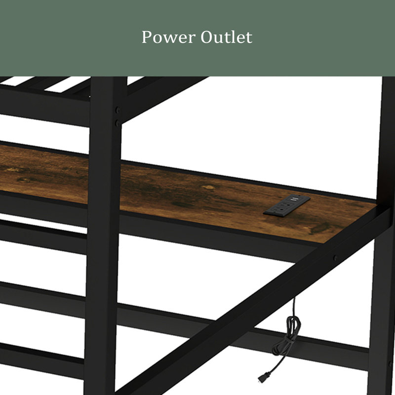 Metal Queen Size Loft Bed With Power Outlet And LED Lighted, Space-Saving, Noise Reduced