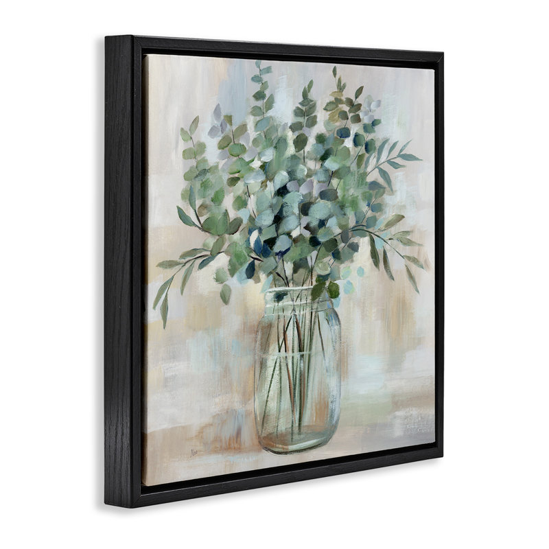 Art mural sur toile flottant apaisant avec des fleurs d'eucalyptus noir par Nan, Cadre flottant noir de jais