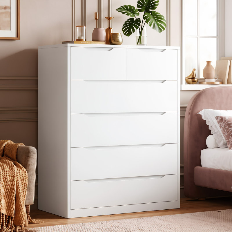 Commode à 6 tiroirs, commodes en bois et commodes avec rail en métal lisse et base trapézoïdale plus large pour une meilleure stabilité, blanc