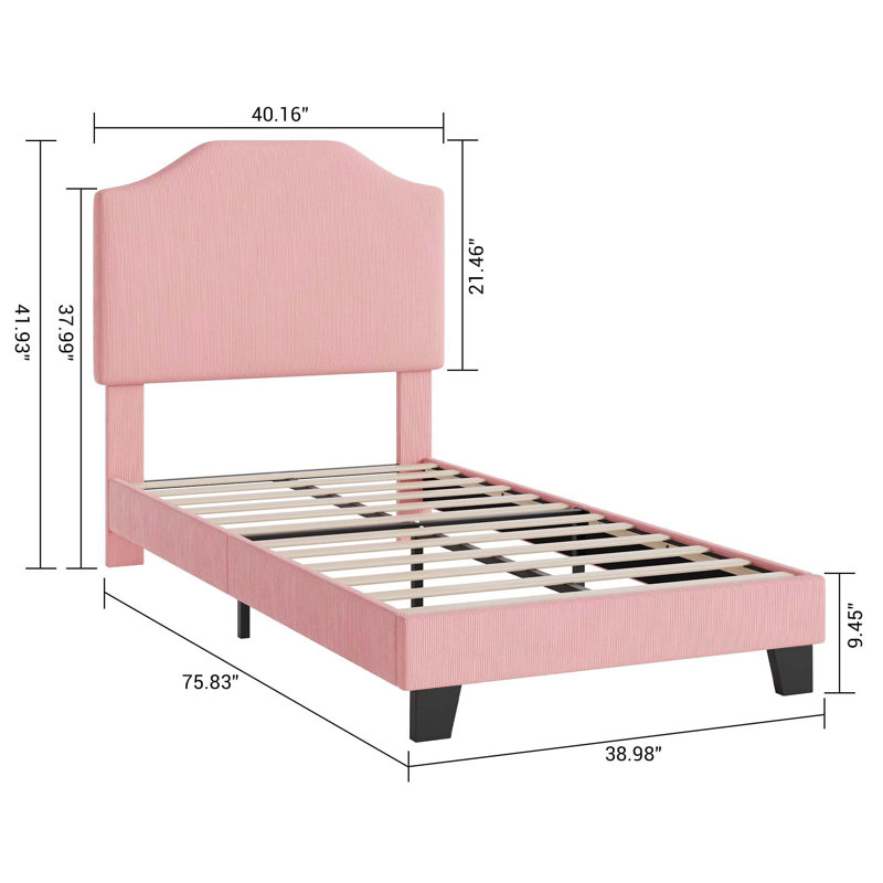 Twin Size Velvet Bed Frame, Corduroy Upholstered Twin Bed Frames Platform, Pink