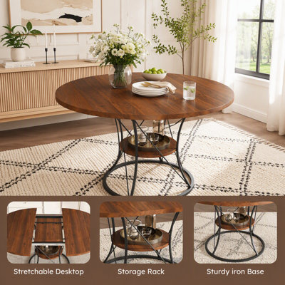 Table ronde extensible de 43 à 59 pouces - Style campagnard avec tablette de rangement