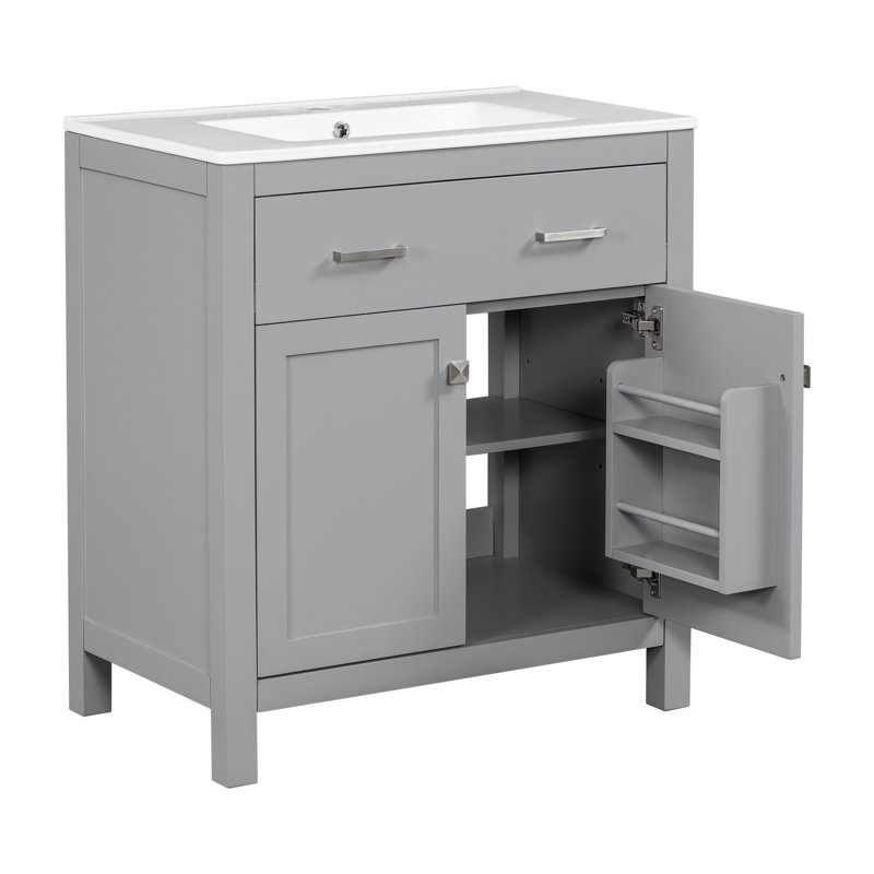 Armoire de salle de bain grise 60 po avec lavabo double, tiroir et rangement réglable, Grey, Argent