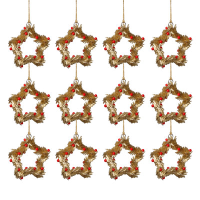 Festive Beaded Christmas Star Hanging Ornaments with Berries, Set of 12