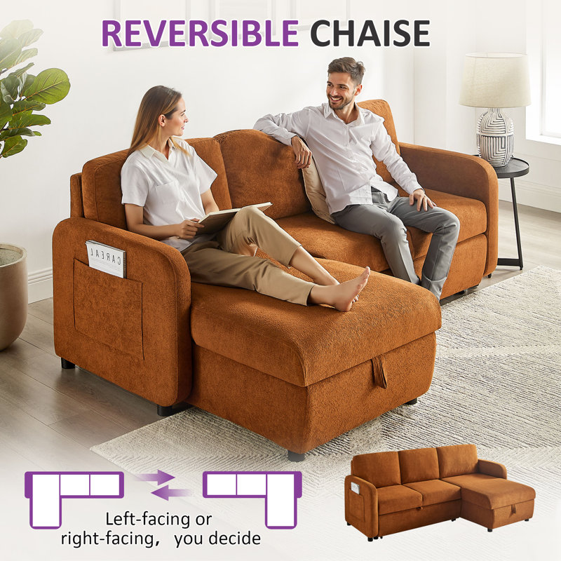84'' Pull-Out Sofa Bed With Storage Chaise And Side Pockets, Curry Polyester