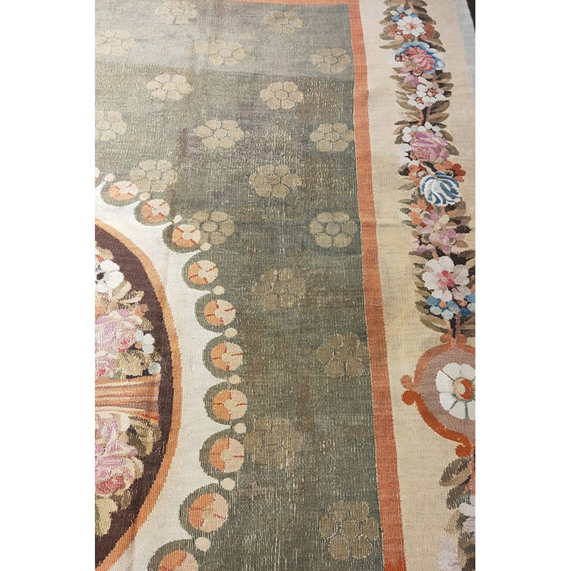 Antique Aubusson French Medallion Flat Weave Rug